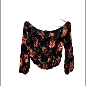 Ambiance Ladies Off the Shoulder Crop Top 3/4 Sleeve Black Flower Pink Large